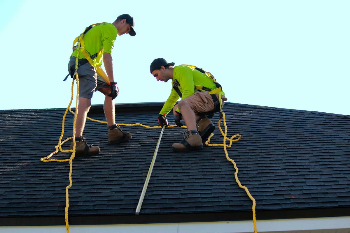 Professional solar installers mounting high-efficiency panels on a residential roof following safety protocols.