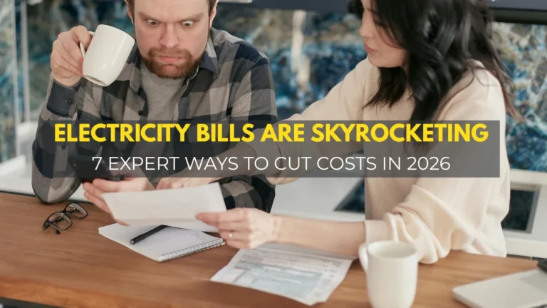 Shocked homeowner looking at a high 2026 electricity bill.