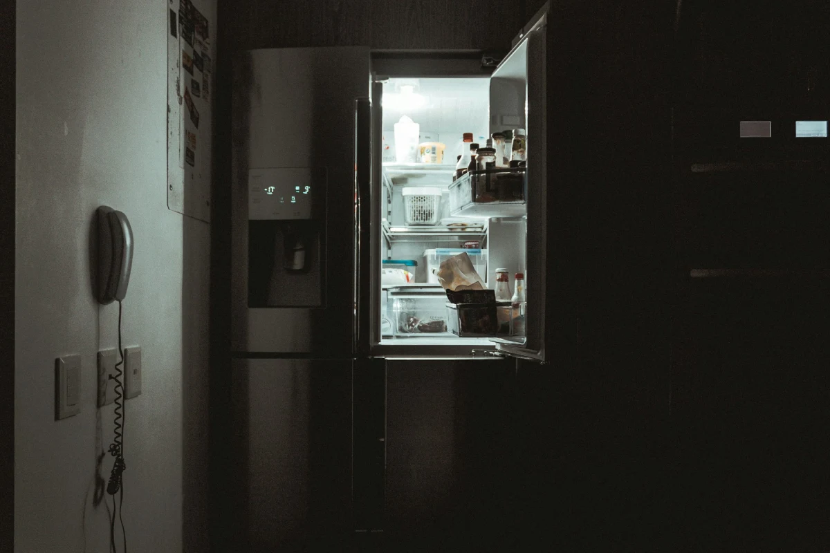 A modern, well-stocked refrigerator being powered by a 2000Wh portable power station during a 2026 grid blackout, illustrating home energy resilience.