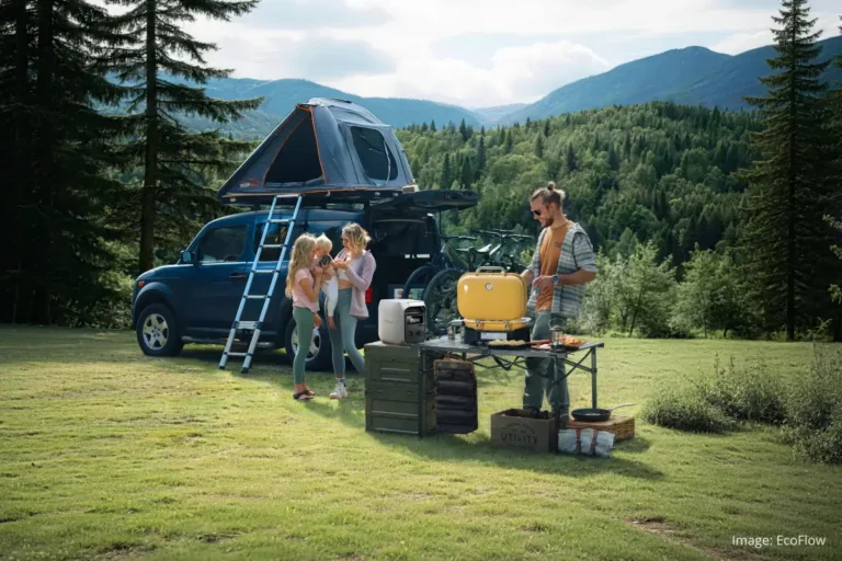 The EcoFlow DELTA 3 Classic power station outdoors with a mountain and forest background, showing its portability for camping and off-grid use. (Image: EcoFlow)